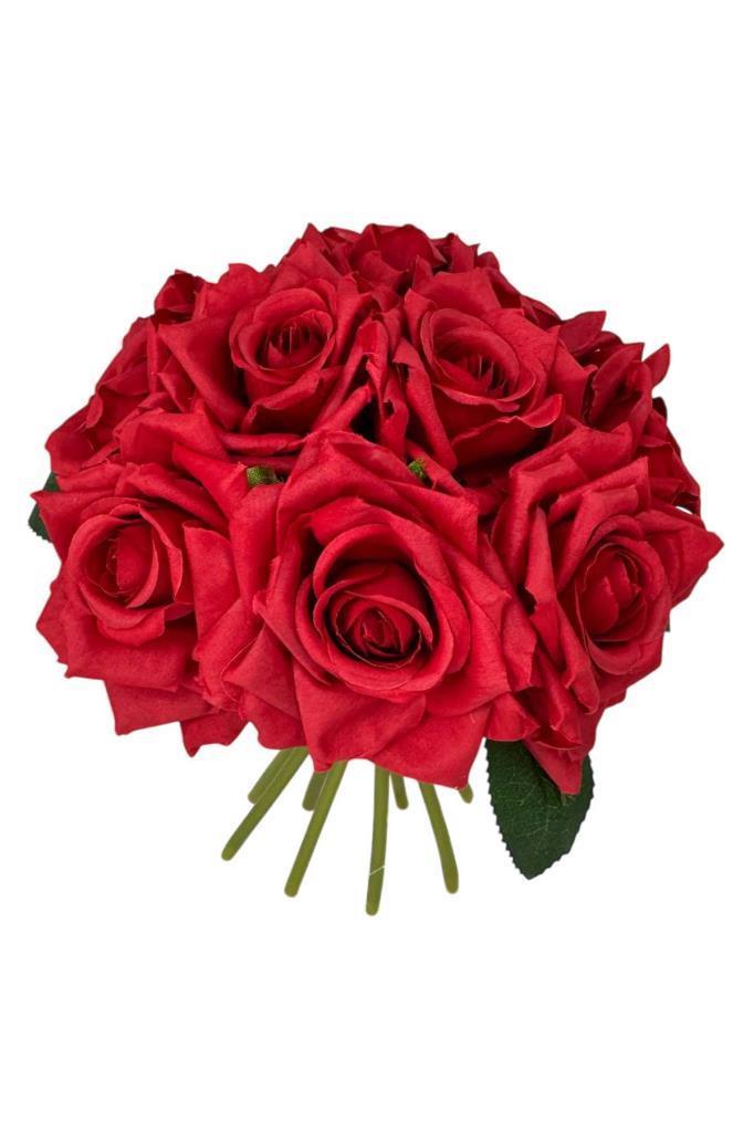 Yapay Çiçek Kırmızı Gül 10lu Demet Gelin Çiçeği Buketi Masa Üstü Vazo Çiçeği 25cm