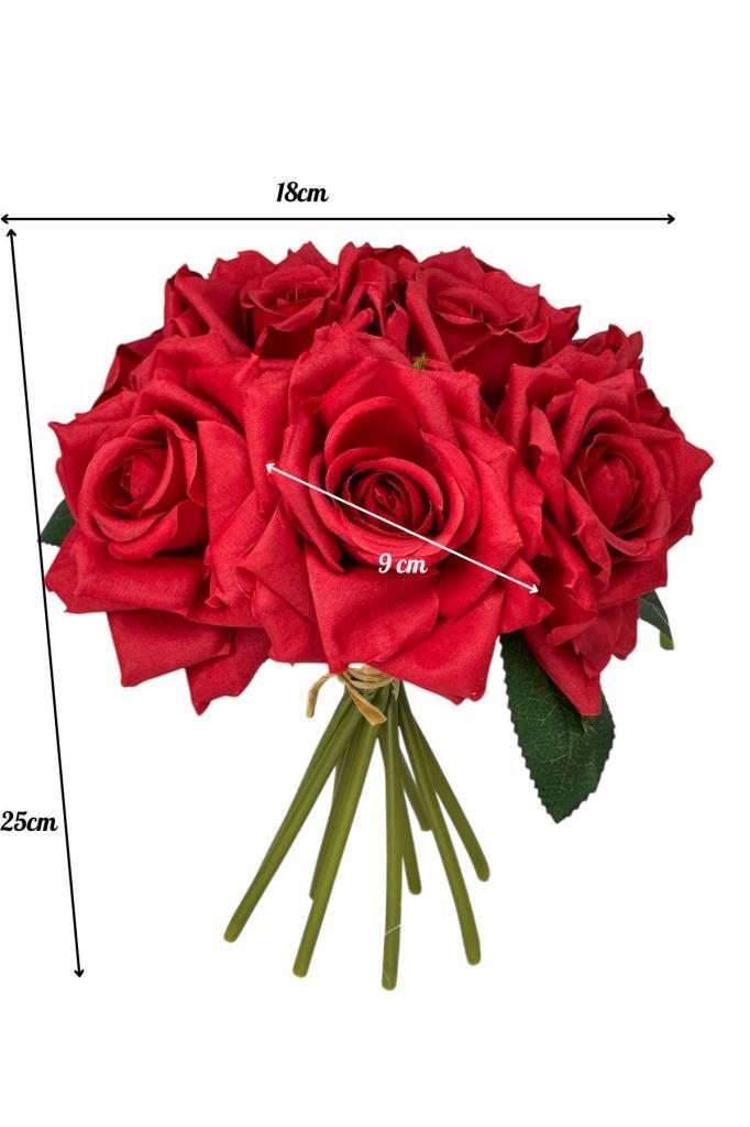 Yapay Çiçek Kırmızı Gül 10lu Demet Gelin Çiçeği Buketi Masa Üstü Vazo Çiçeği 25cm