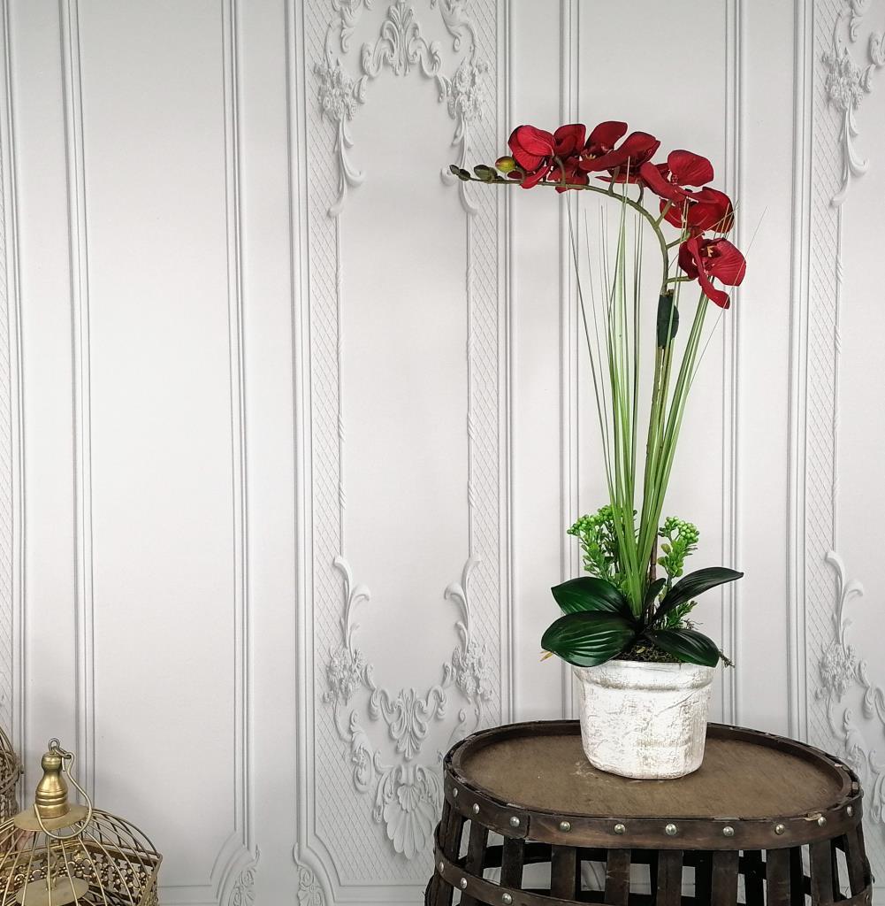 Yapay Çiçek Kırmızı Orkide Seramik Saksıda Tekli Orkide 60cm