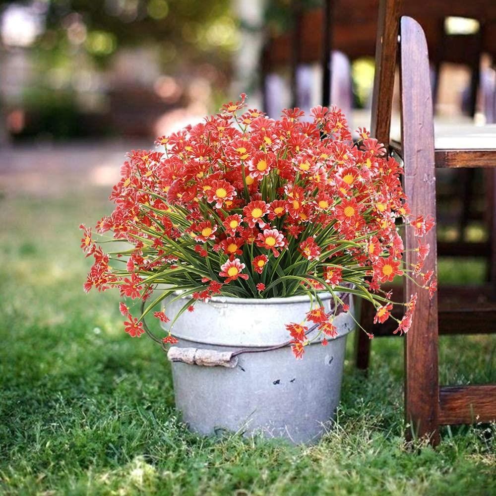 Yapay Çiçek Kırmızı Papatya 7 Dallı Plastik Dekoratif Yapay Bitki