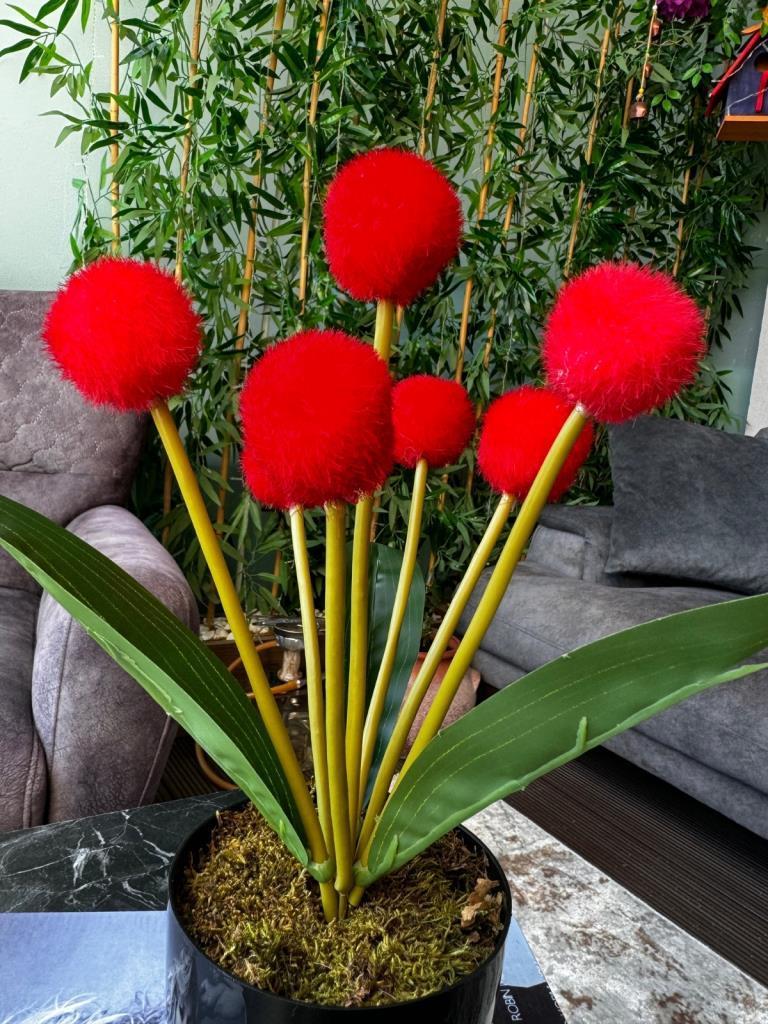 Yapay Çiçek Kırmızı Pompon Siyah Saksıda Dekoratif Yapay Çiçek 30*20cm