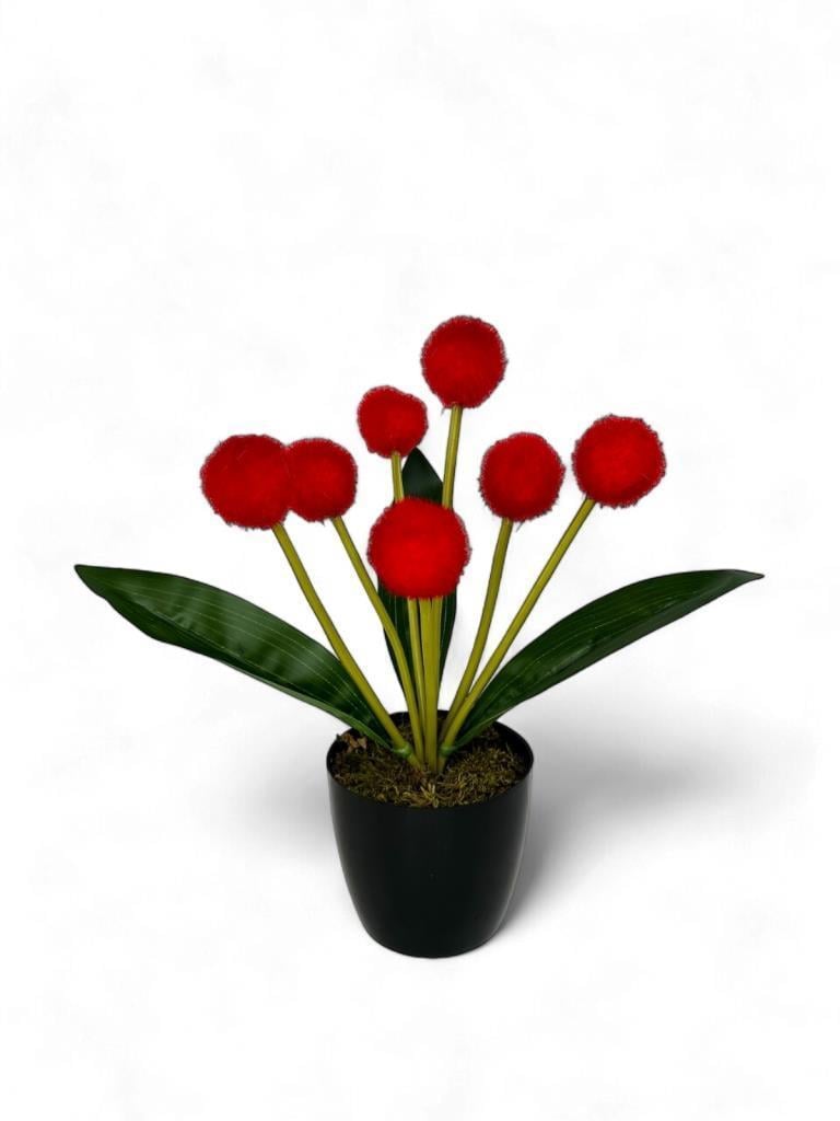 Yapay Çiçek Kırmızı Pompon Siyah Saksıda Dekoratif Yapay Çiçek 30*20cm