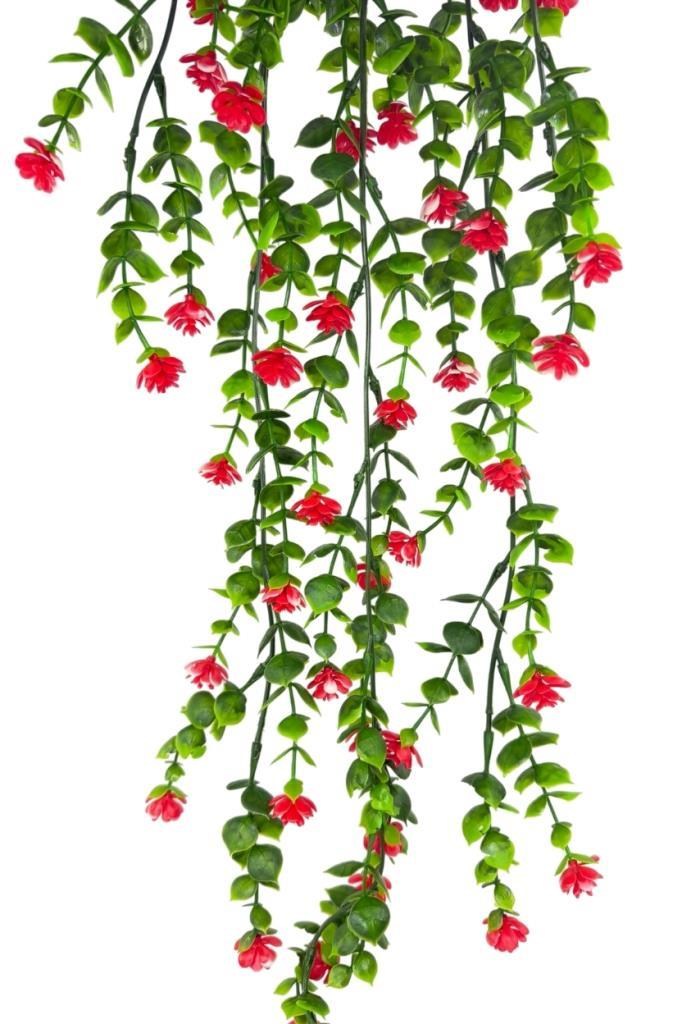 Yapay Çiçek Kırmızı Sarkan Lotus Çiçekli Okaliptus Şimşir Yapay Sarmaşık 5dal 60cm