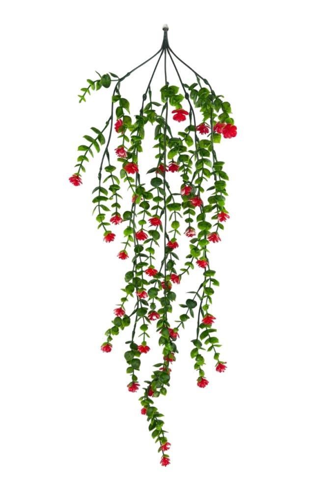 Yapay Çiçek Kırmızı Sarkan Lotus Çiçekli Okaliptus Şimşir Yapay Sarmaşık 5dal 60cm