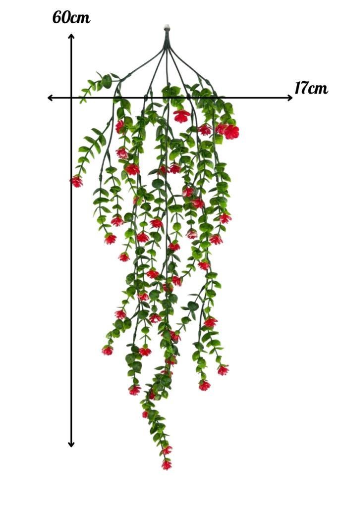 Yapay Çiçek Kırmızı Sarkan Lotus Çiçekli Okaliptus Şimşir Yapay Sarmaşık 5dal 60cm