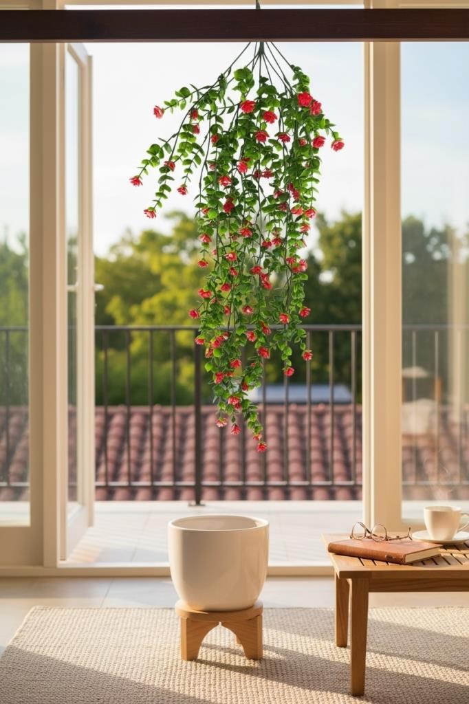 Yapay Çiçek Kırmızı Sarkan Lotus Çiçekli Okaliptus Şimşir Yapay Sarmaşık 5dal 60cm