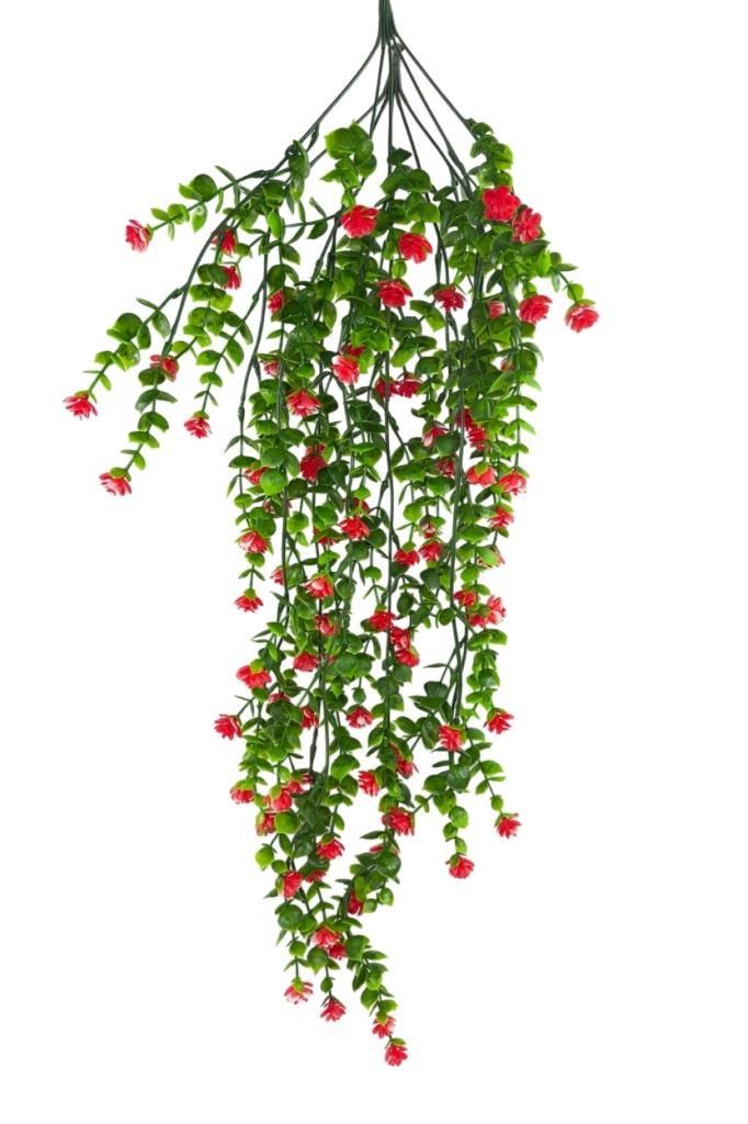 Yapay Çiçek Kırmızı Sarkan Lotus Çiçekli Okaliptus Şimşir Yapay Sarmaşık 5dal 60cm