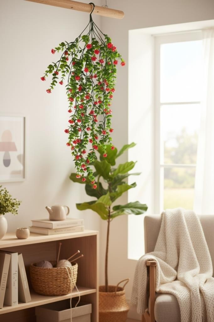 Yapay Çiçek Kırmızı Sarkan Lotus Çiçekli Okaliptus Şimşir Yapay Sarmaşık 5dal 60cm