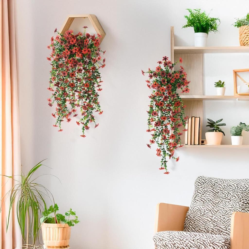 Yapay Çiçek Kırmızı Sarkan Mineli Okaliptus Şimşir Yapay Sarmaşık 5dal 60cm
