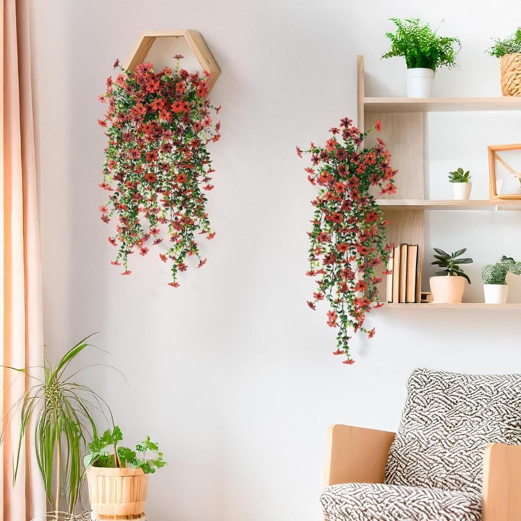 Yapay Çiçek Kırmızı Sarkan Mineli Okaliptus Şimşir Yapay Sarmaşık 5dal 60cm