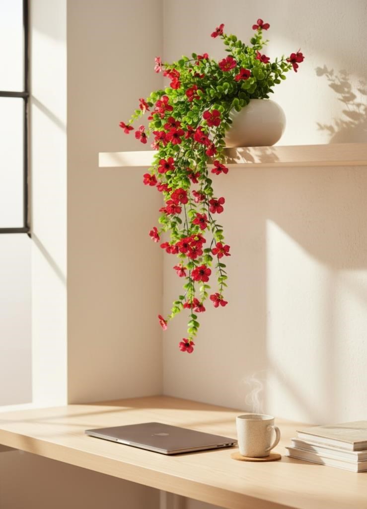 Yapay Çiçek Kırmızı Sarkan Mineli Okaliptus Şimşir Yapay Sarmaşık 5dal 60cm