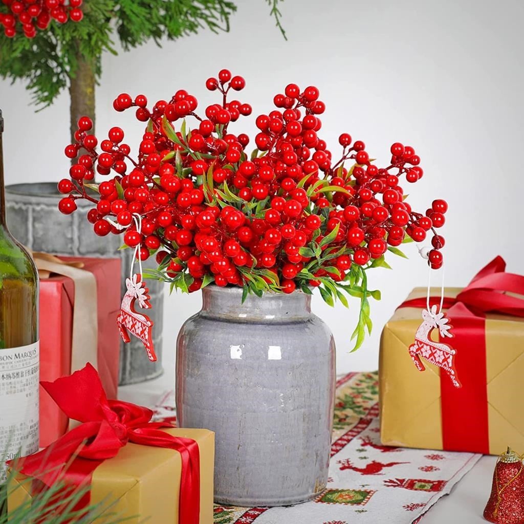 Yapay Çiçek Kokina 3 Dal lı Demet 20*15cm Yılbaşı Çiçeği Red Berry 