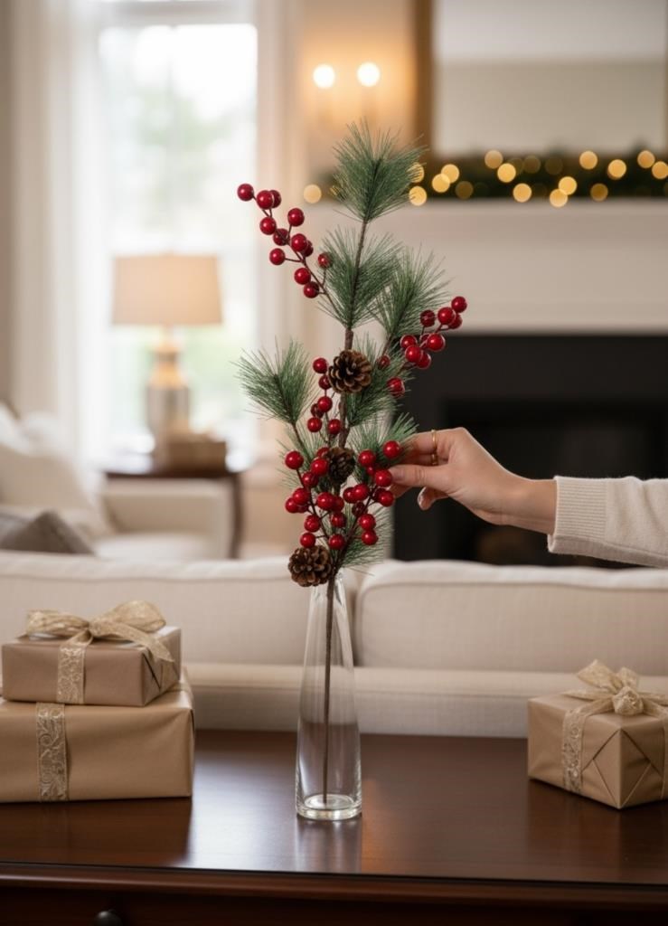 Yapay Çiçek Kokina ve Çam Dalı Uzun Dal Kozalaklı 75cm Yılbaşı Çiçeği Red Berry
