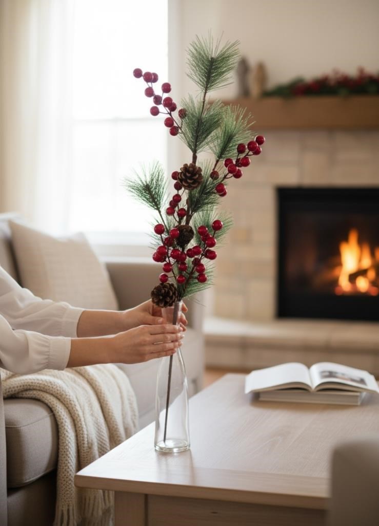 Yapay Çiçek Kokina ve Çam Dalı Uzun Dal Kozalaklı 75cm Yılbaşı Çiçeği Red Berry