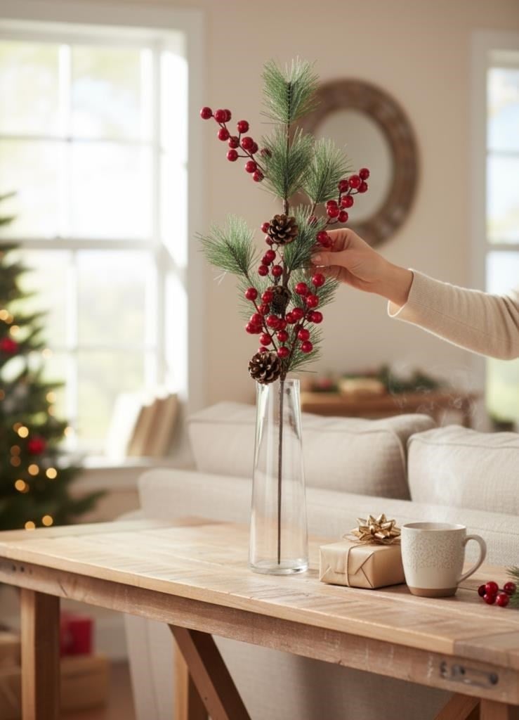Yapay Çiçek Kokina ve Çam Dalı Uzun Dal Kozalaklı 75cm Yılbaşı Çiçeği Red Berry