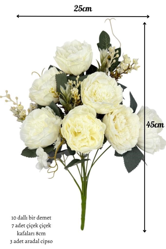 Yapay Çiçek Krem 10Dallı Katmerli Gelincik Karışık Aranjman Demeti 45*25cm