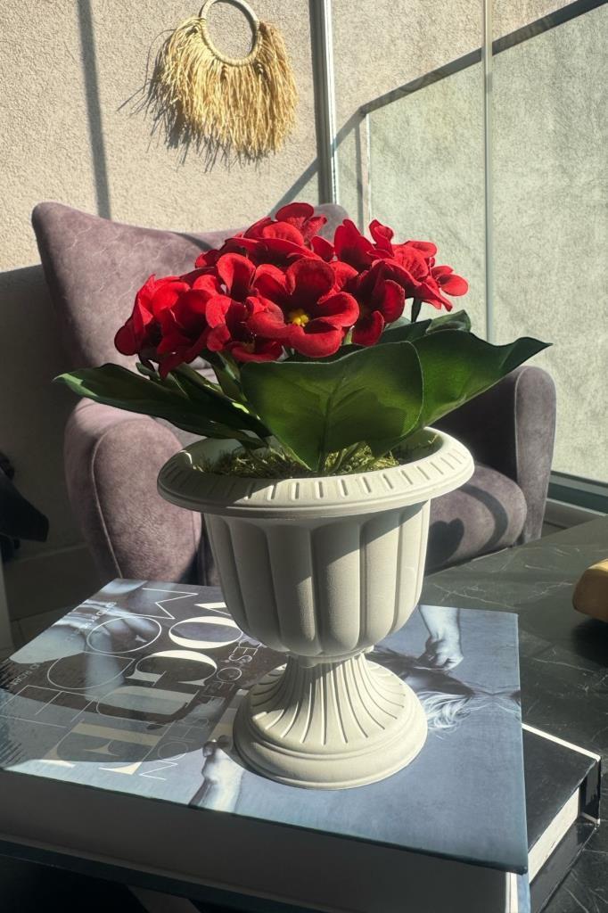 Yapay Çiçek Krem Antik Saksıda Kırmızı Kadife Menekşe Gerçekçi Doku 22cm
