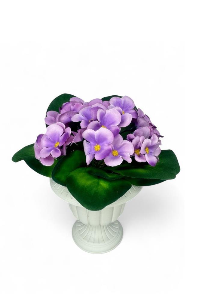 Yapay Çiçek Krem Antik Saksıda Lila Kadife Menekşe Gerçekçi Doku 22cm