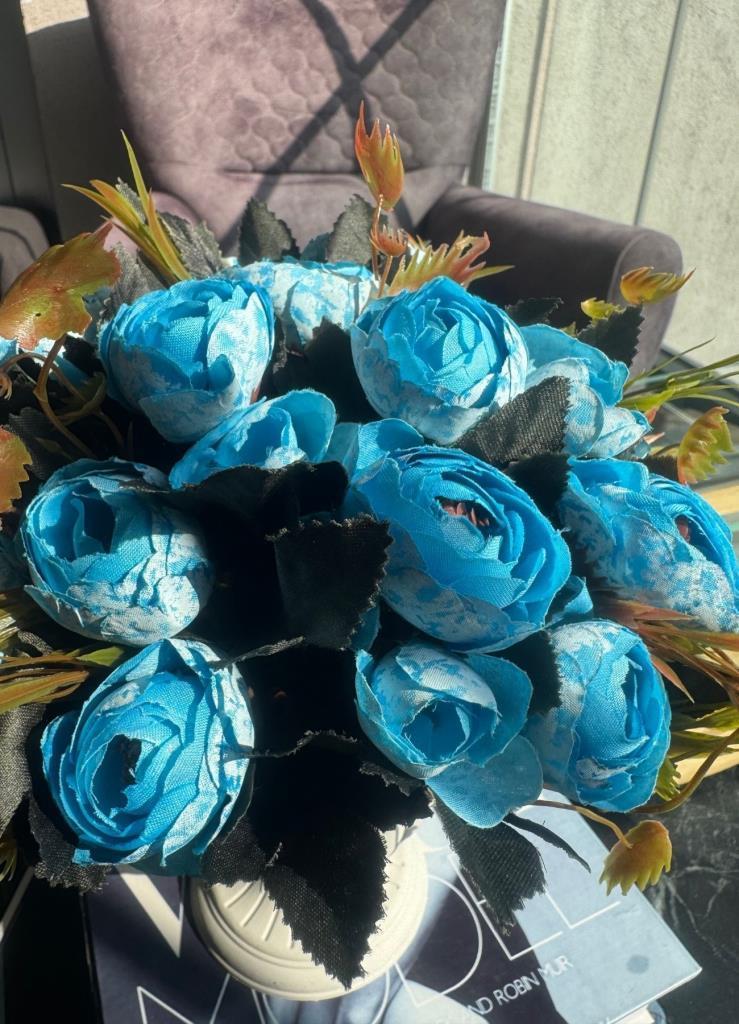 Yapay Çiçek Krem Antik Saksıda Mavi Erengül 23cm