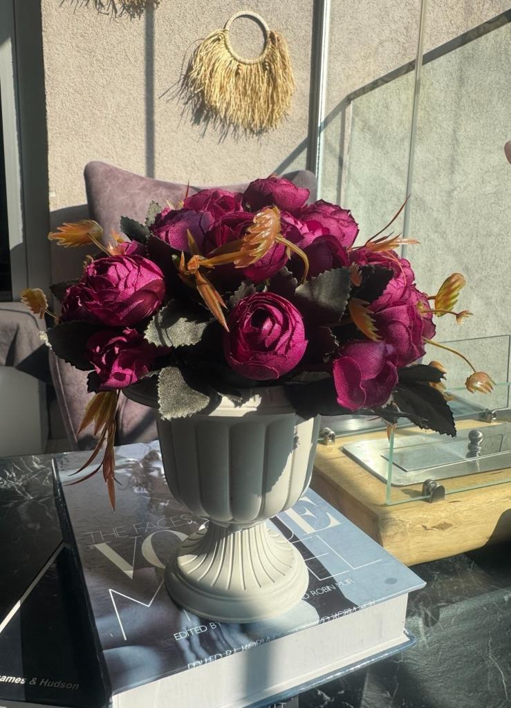 Yapay Çiçek Krem Antik Saksıda Mor Erengül 23cm