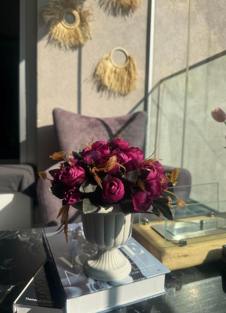 Yapay Çiçek Krem Antik Saksıda Mor Erengül 23cm