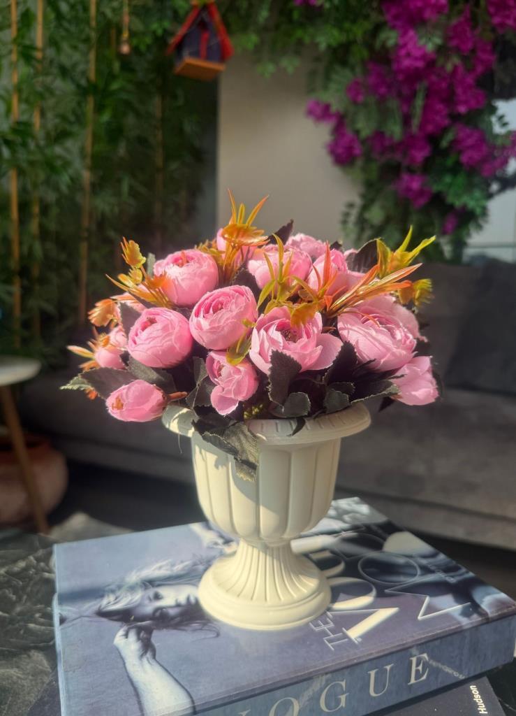 Yapay Çiçek Krem Antik Saksıda Pembe Erengül 23cm