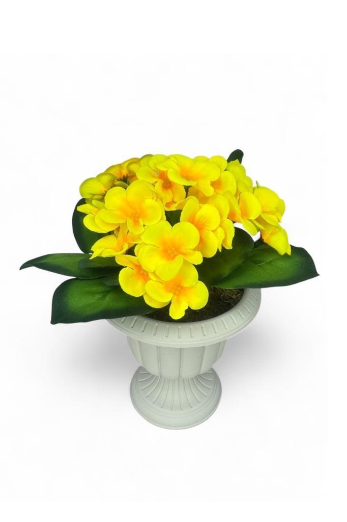 Yapay Çiçek Krem Antik Saksıda Sarı Kadife Menekşe Gerçekçi Doku 22cm