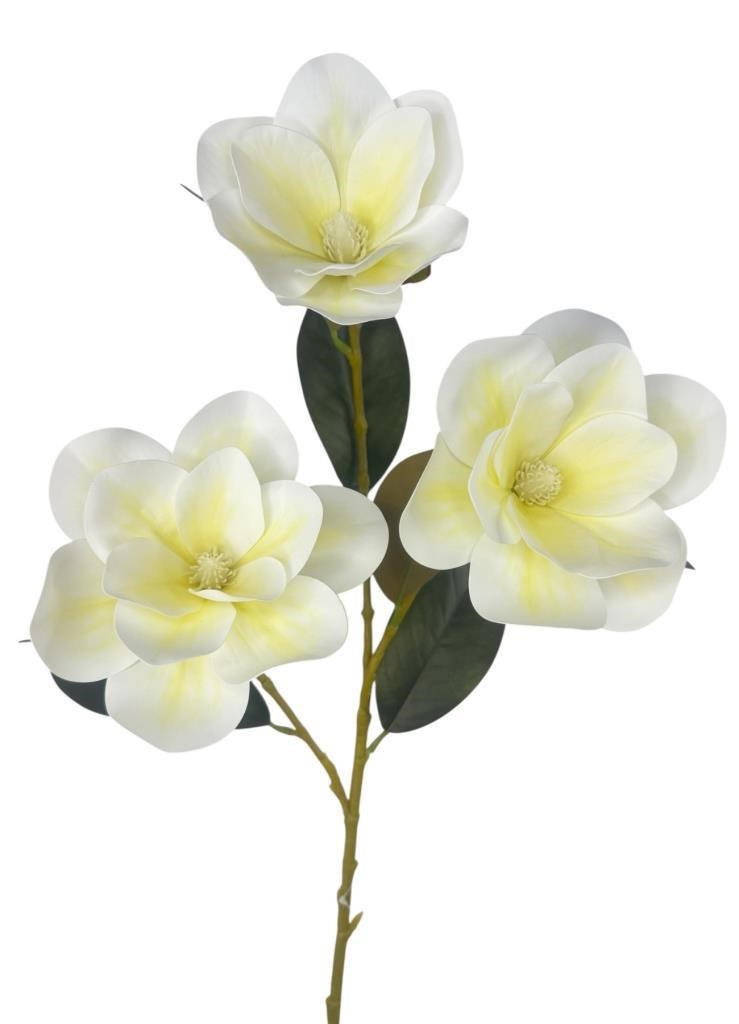 Yapay Çiçek Krem Manolya Islak Doku 3 Kafalı Uzun Dal Çiçek Flowers 80cm