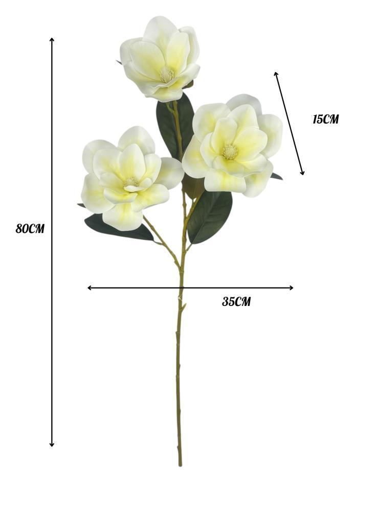 Yapay Çiçek Krem Manolya Islak Doku 3 Kafalı Uzun Dal Çiçek Flowers 80cm