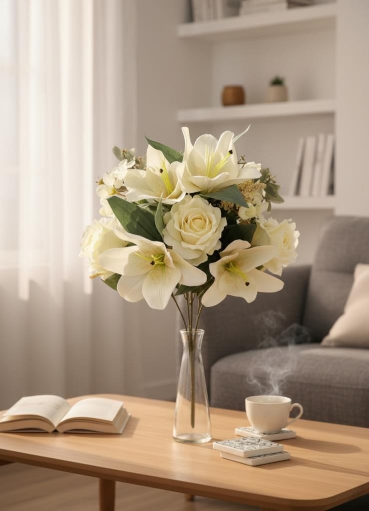 Yapay Çiçek Krem Renk Aranjman Demeti 9Dallı Buket Gül Lilyum ve Aradal Çiçekleri 50*35cm