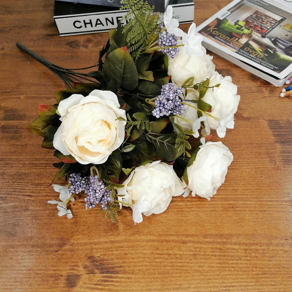 Yapay Çiçek Krem Renkli 7 Kafalı Eren Gül Demeti Büyük Boy