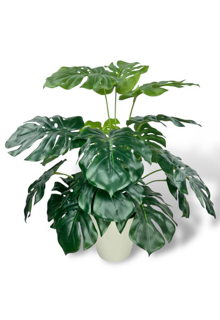 Yapay Çiçek Krem Saksıda Monstera Deve Tabanı Yeşil Doğal Dokulu 18Dal 50cm Salon Çiçeği Yapay Bitki