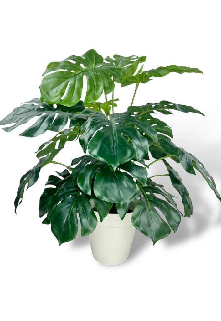 Yapay Çiçek Krem Saksıda Monstera Deve Tabanı Yeşil Doğal Dokulu 18Dal 50cm Salon Çiçeği Yapay Bitki