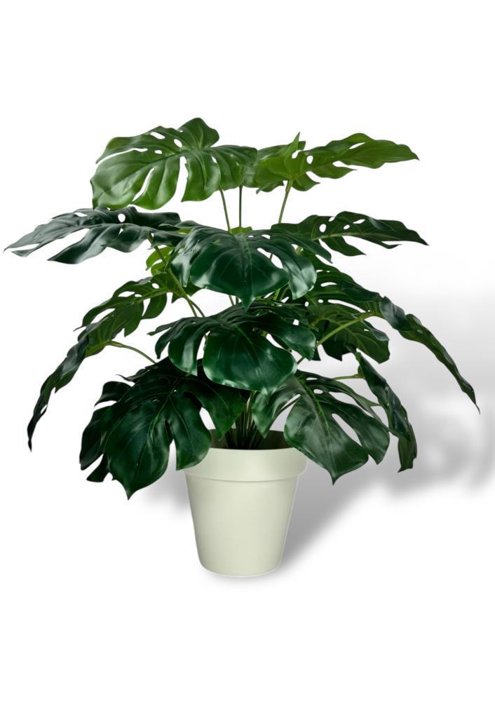Yapay Çiçek Krem Saksıda Monstera Deve Tabanı Yeşil Doğal Dokulu 18Dal 50cm Salon Çiçeği Yapay Bitki