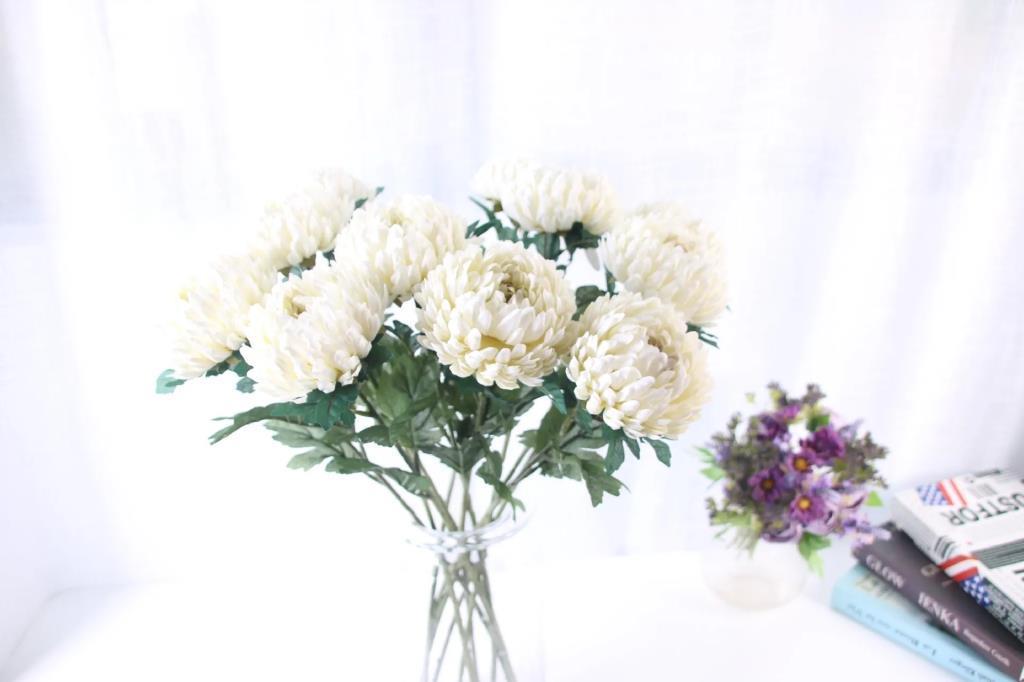 Yapay Çiçek Krizantem Beyaz 90cm Tek Dal Kumaş Çiçek Uzun Dal