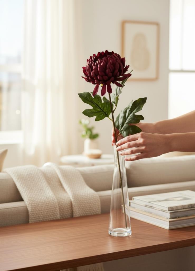 Yapay Çiçek Krizantem Bordo 90cm Tek Dal Kumaş Çiçek Uzun Dal