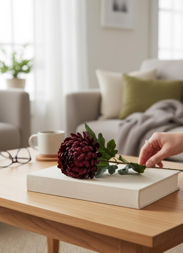 Yapay Çiçek Krizantem Bordo 90cm Tek Dal Kumaş Çiçek Uzun Dal