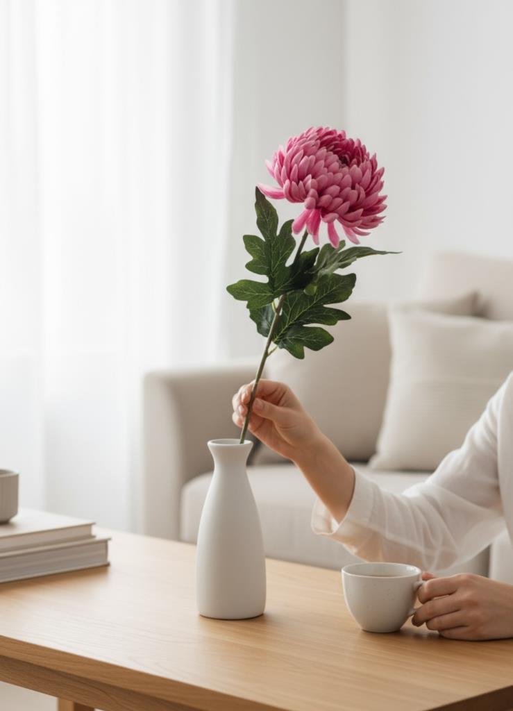 Yapay Çiçek Krizantem Fuşya 90cm Tek Dal Kumaş Çiçek Uzun Dal