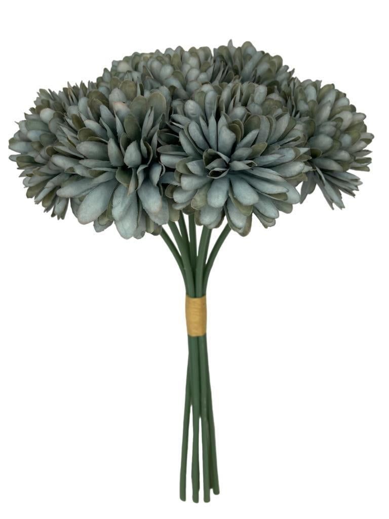 Yapay Çiçek Krizantem Kartopu Gri Mavi Renk 7 Ayrı Tek Dal Demet