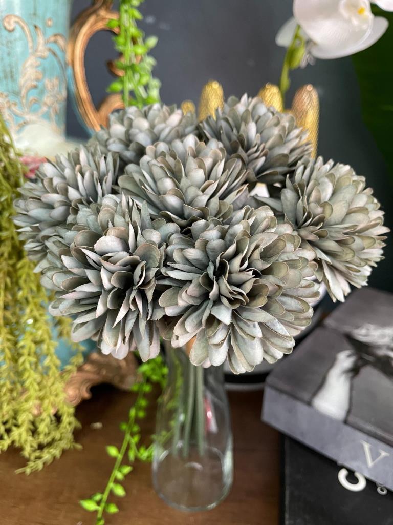 Yapay Çiçek Krizantem Kartopu Gri Mavi Renk 7 Ayrı Tek Dal Demet
