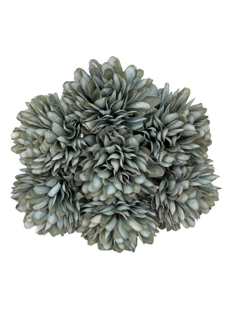 Yapay Çiçek Krizantem Kartopu Gri Mavi Renk 7 Ayrı Tek Dal Demet