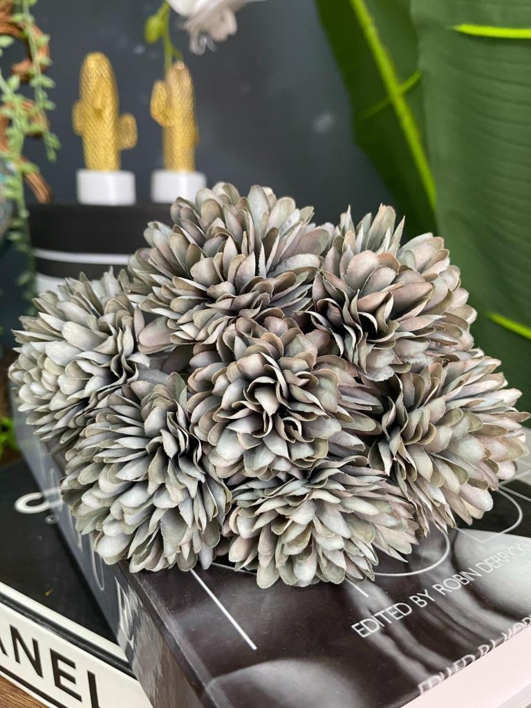 Yapay Çiçek Krizantem Kartopu Gri Mavi Renk 7 Ayrı Tek Dal Demet