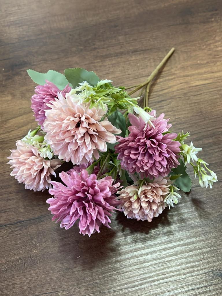 Yapay Çiçek Krizantem Kartopu Gül Kurusu Bej Cipsolu 7Dallı Demet