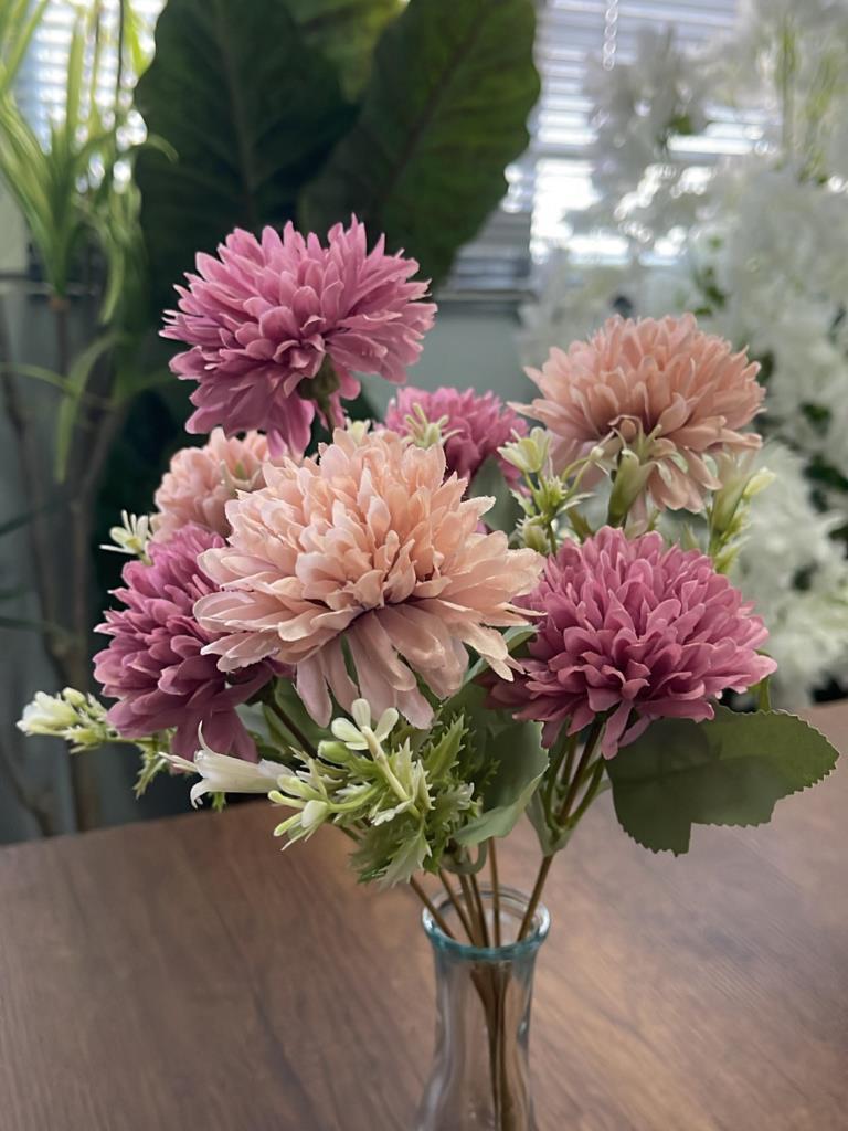 Yapay Çiçek Krizantem Kartopu Gül Kurusu Bej Cipsolu 7Dallı Demet