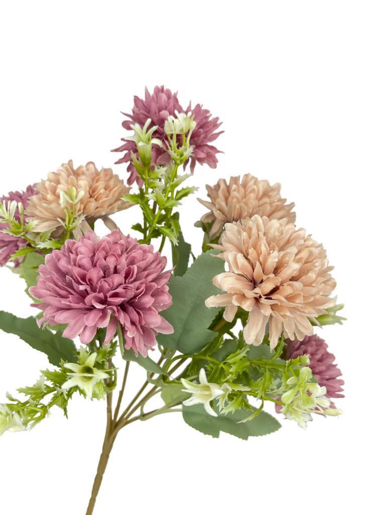 Yapay Çiçek Krizantem Kartopu Gül Kurusu Bej Cipsolu 7Dallı Demet