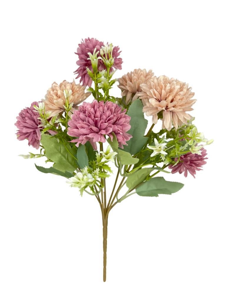 Yapay Çiçek Krizantem Kartopu Gül Kurusu Bej Cipsolu 7Dallı Demet