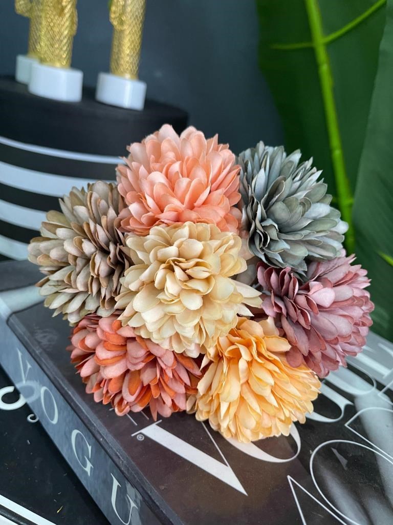 Yapay Çiçek Krizantem Kartopu Karışık Pastel Renkler 7 Ayrı Tek Dal Demet