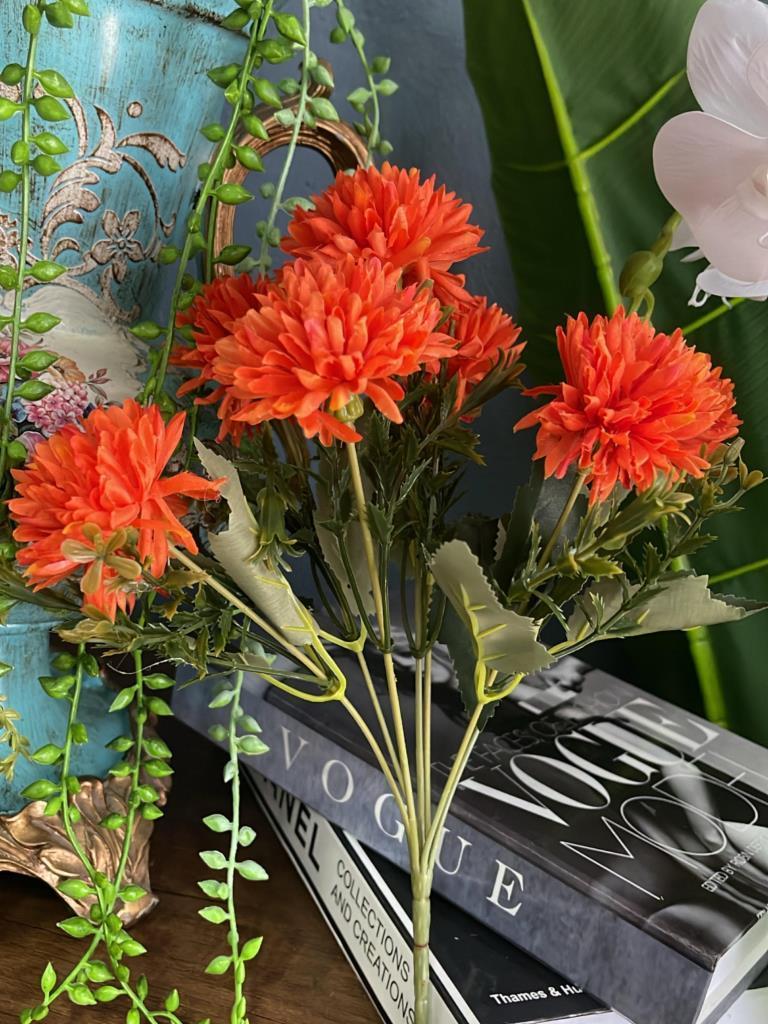 Yapay Çiçek Krizantem Kartopu Turuncu Cipsolu 7Dallı Demet