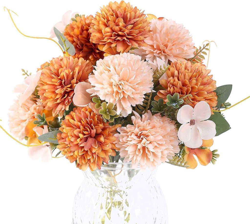 Yapay Çiçek Krizantem Kartopu Turuncu Cipsolu 7Dallı Demet