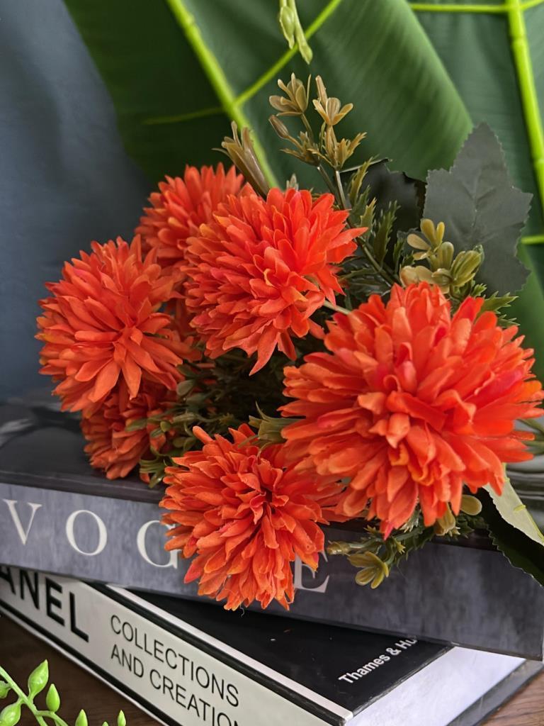 Yapay Çiçek Krizantem Kartopu Turuncu Cipsolu 7Dallı Demet